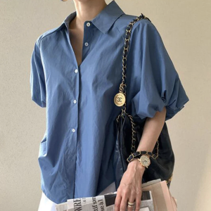 Kemeja Biru Kasual Lengan Puff Longgar Musim Panas