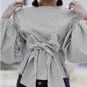 Blus Garis Lengan Balon Leher Bulat