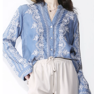 Blus Denim Katun Bordir Bunga Vintage Lengan Panjang Boho