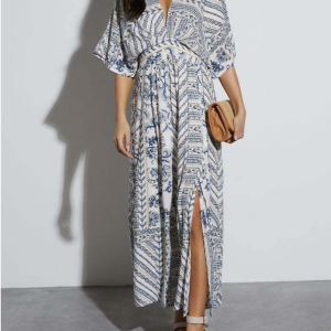 Dress Maxi Motif Bunga V-neck Lengan Pendek